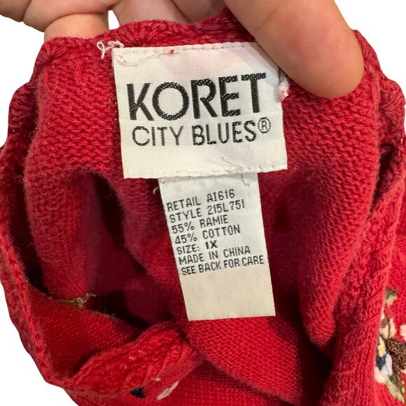 Vtg Koret City Blues Red Patchwork Embroidered Sweater Vest 1X Ramie Cotton - Picture 5 of 8